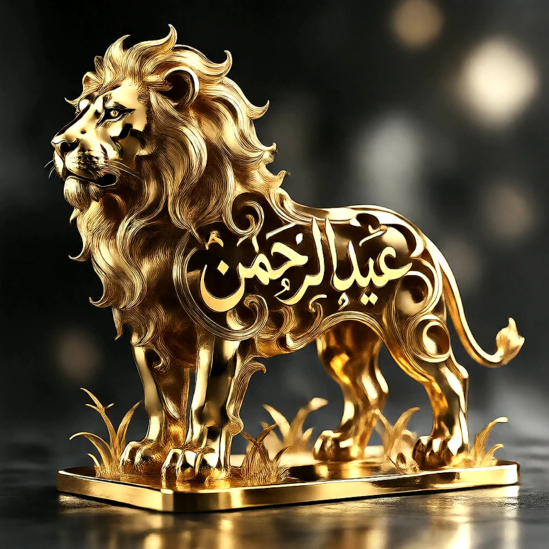 اسم عبدالرحمن منقوش بذهب ملكي على مجسم الأسد الشامخ
