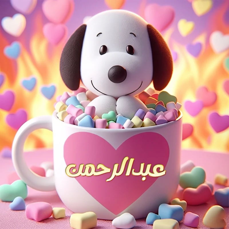 اسم عبدالرحمن بتصميم كرتوني لطيف داخل كوب الحلوى