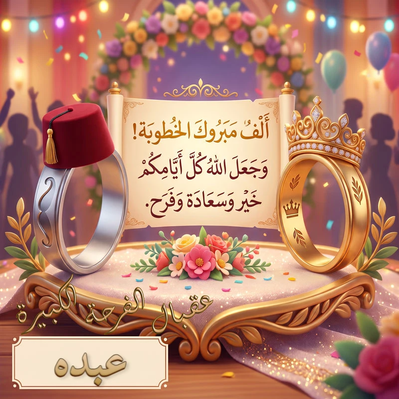 تهنئة خطوبة مباركة باسم عبده مع تصميم المحابس الملكية