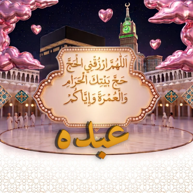 بطاقة اسم عبده بإطار ذهبي ودعاء زيارة بيت الله الحرام