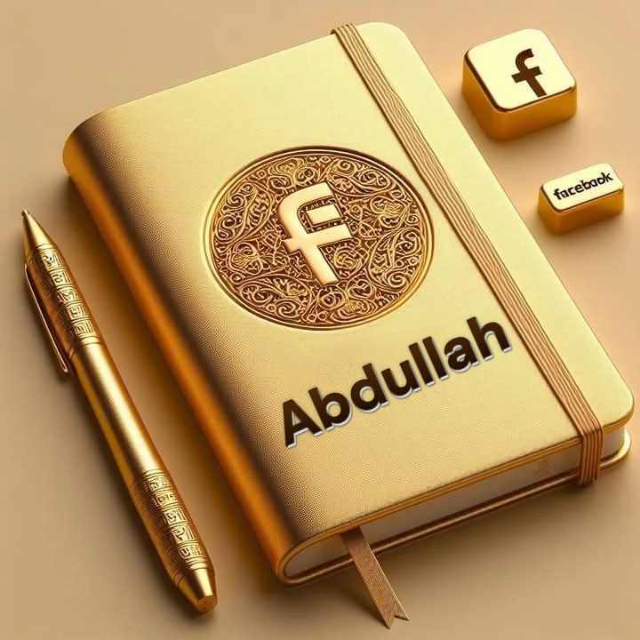 تصميم ذهبي فخم لاسم عبدالله مع مفكرة أنيقة