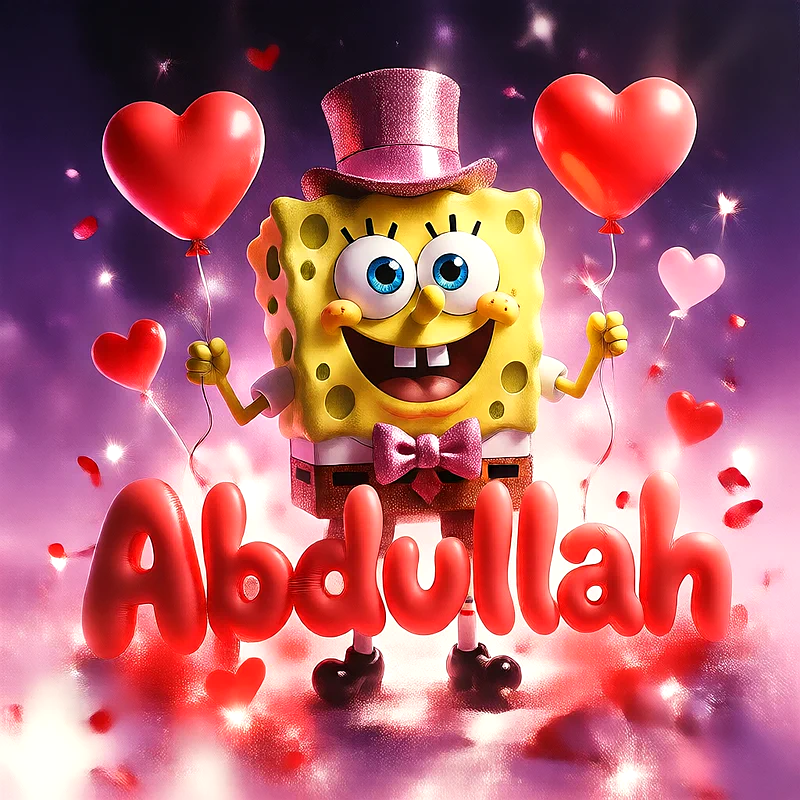 اسم عبدالله بتصميم كرتوني مرح مع سبونج بوب والقلوب