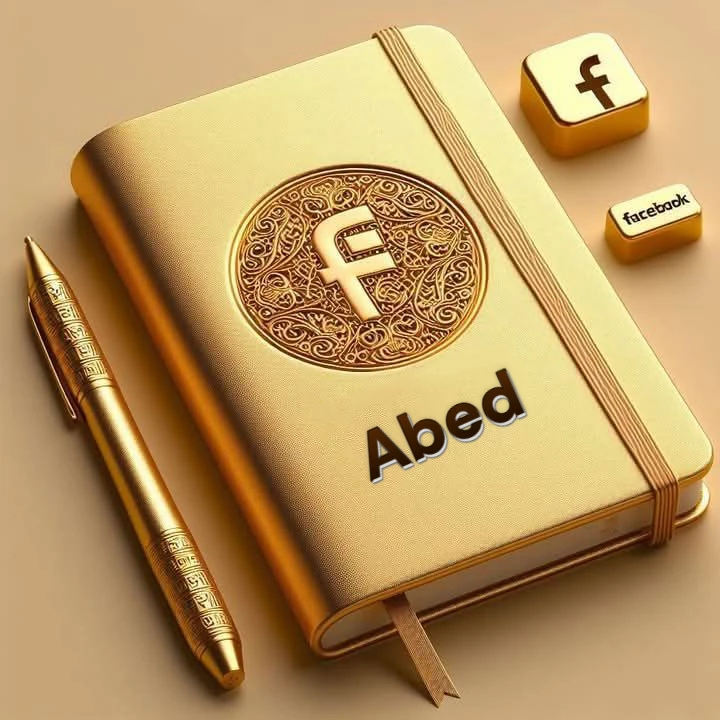 اسم عابد بتصميم ذهبي فاخر على دفتر وقلم كلاسيكي