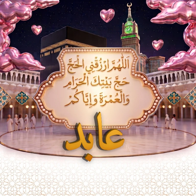 اسم عابد بتصميم إسلامي فاخر مع دعاء زيارة بيت الله الحرام
