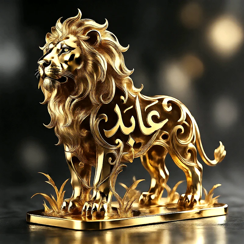 تصميم اسم عابد منحوت على مجسم أسد ذهبي براق
