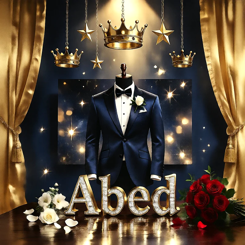 اسم عابد بحروف ذهبية مع بدلة زفاف ملكية وتيجان براقة