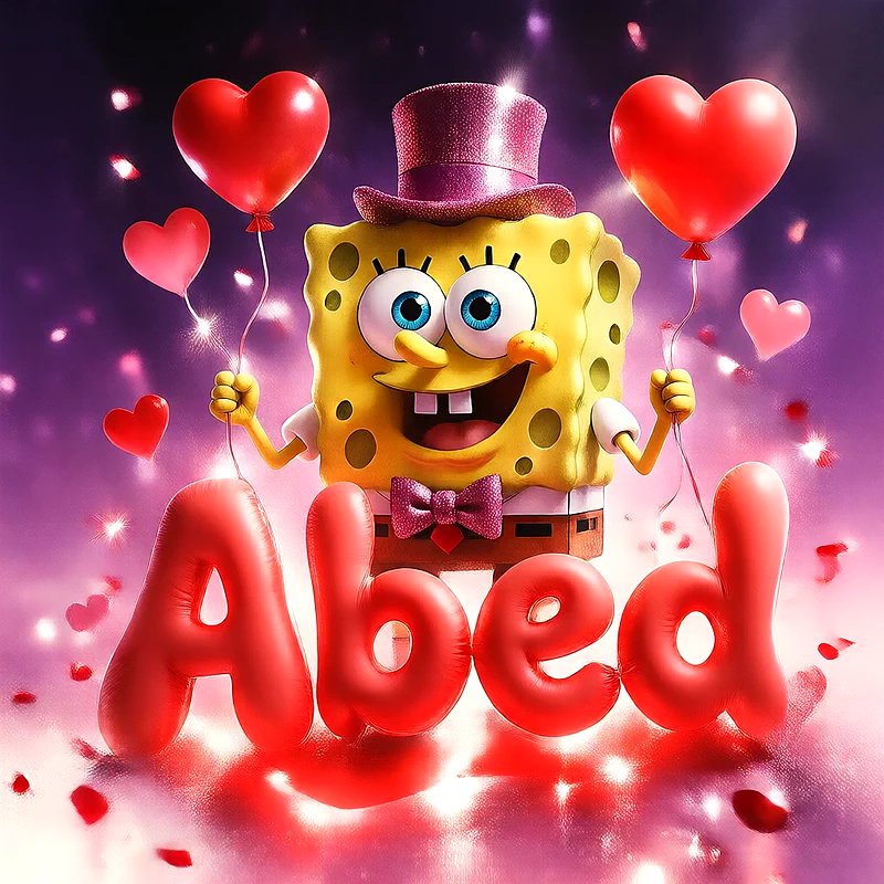تصميم اسم عابد بأسلوب كرتوني مبهج وبالونات حمراء