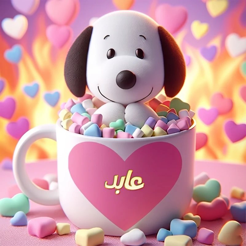 تصميم كرتوني لطيف باسم عابد داخل كوب المارشميلو