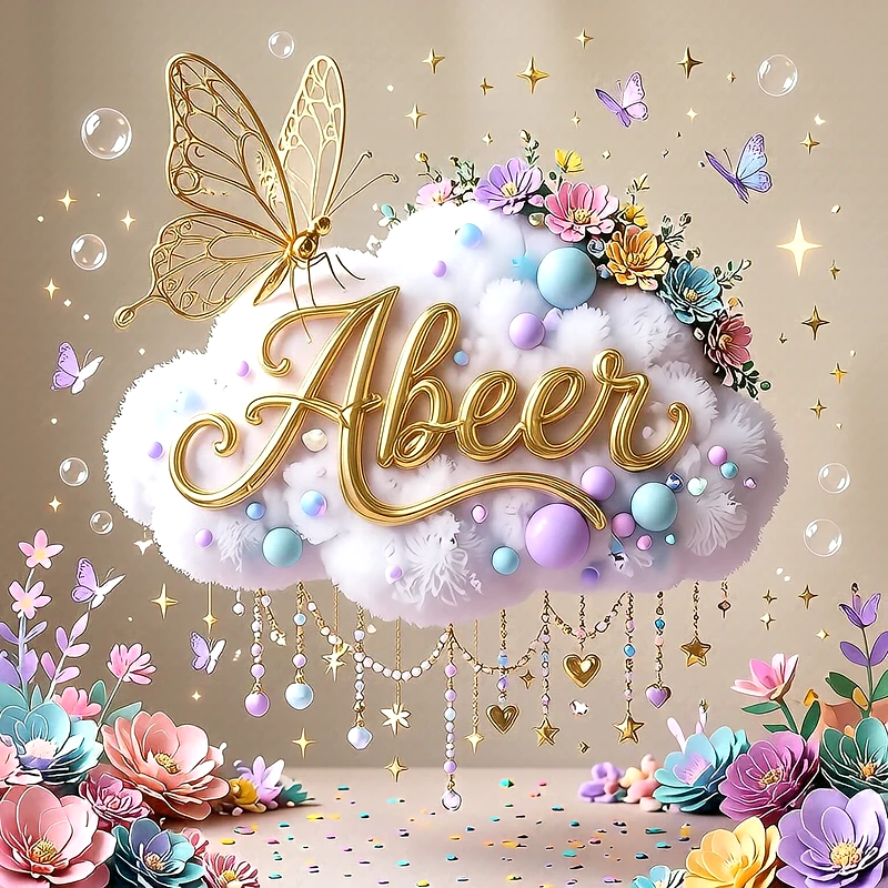 تصميم اسم عبير مزين بلمسات ذهبية وفراشات حالمة