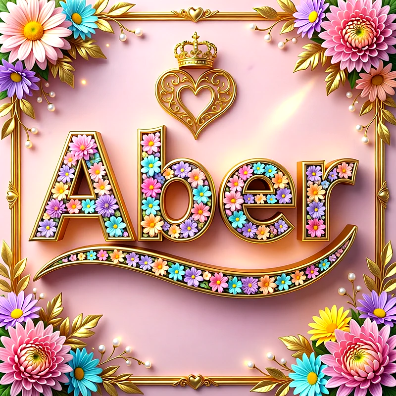 تصميم اسم عبير مزين بزهور ربيعية مبهجة وتاج ذهبي ملكي