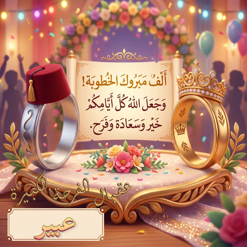 بطاقة تهنئة خطوبة باسم عبير بتصميم الدبل الملكية